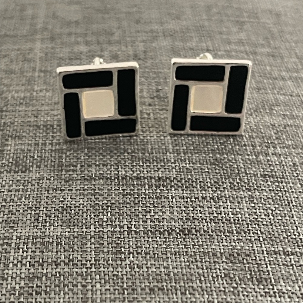 Vintage Napier Mother of Pearl Enamel 50” Silver-Tone Screw Back Earrings - Picture 3 of 5